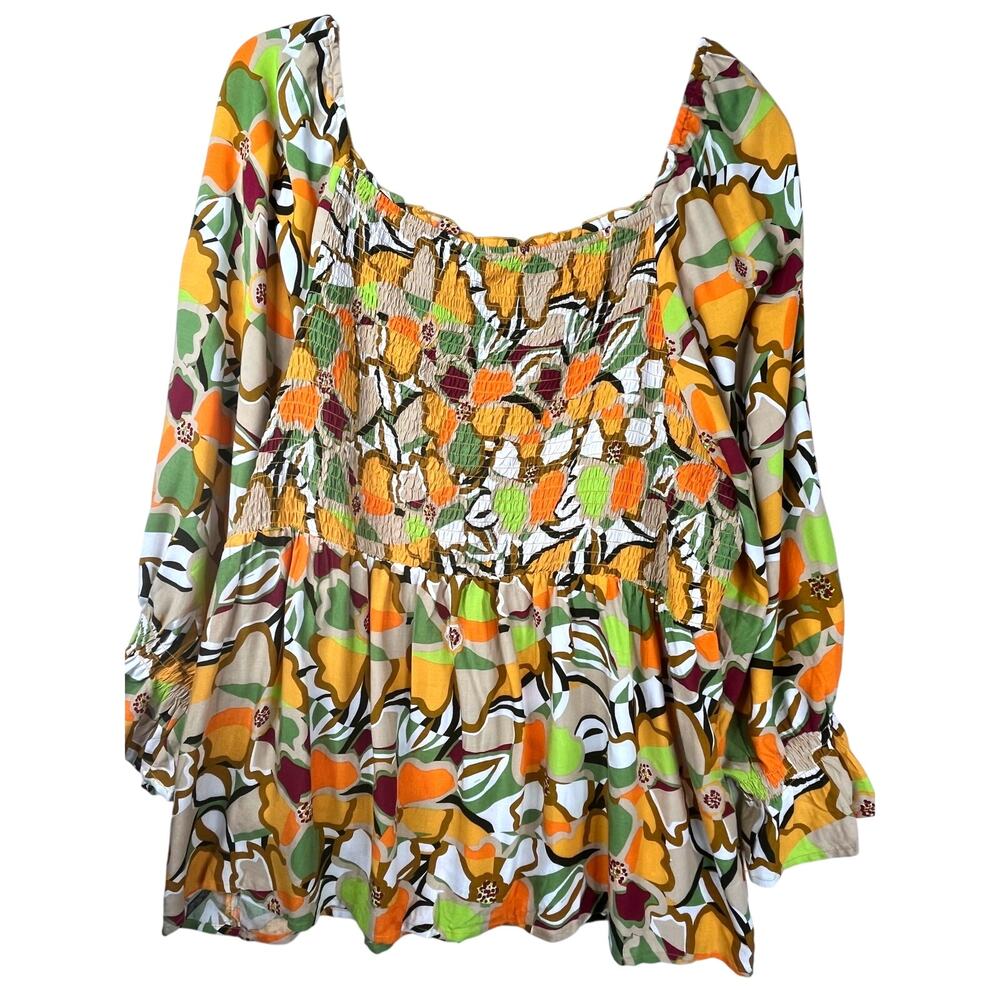 Cato smocked flowy 3/4 length sleeve multicolored top, size 22
